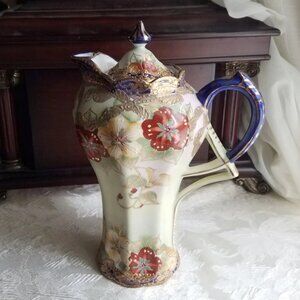 Antique Nippon Moriage Chocolate Pot Hand Painted Porcelain Cobalt Blue Gold